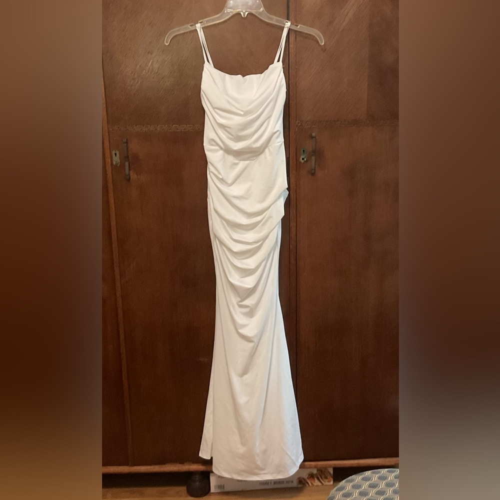 Marthea Bridal Dress white maxi slip dress spaghetti straps and all-over ruching
